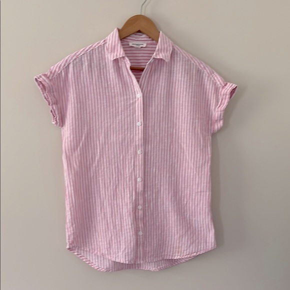 BeachLunchLounge Shirt Linen Cotton Blend Striped Pink Short Sleeve Button Sz XS - Picture 2 of 10